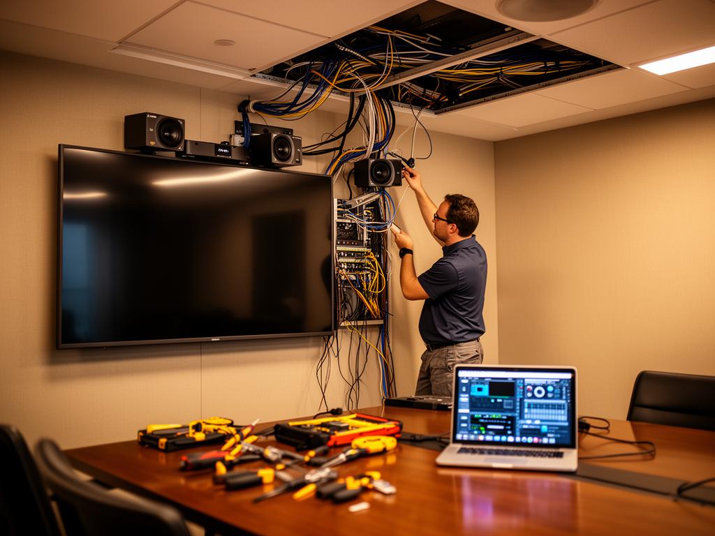 Professional enterprise conference room with video conferencing and AV rack systems