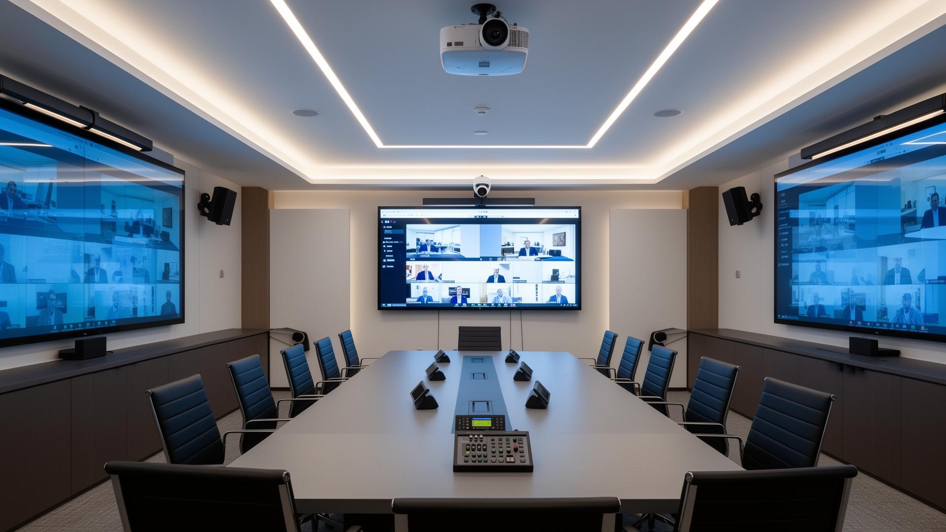 Enterprise conference room with professional video conferencing and AV integration